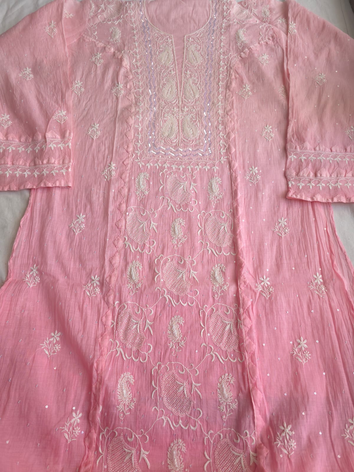 Pink Ombre dyed Semi Stitched Kurta and Dupatta set with Handwork and Highlights