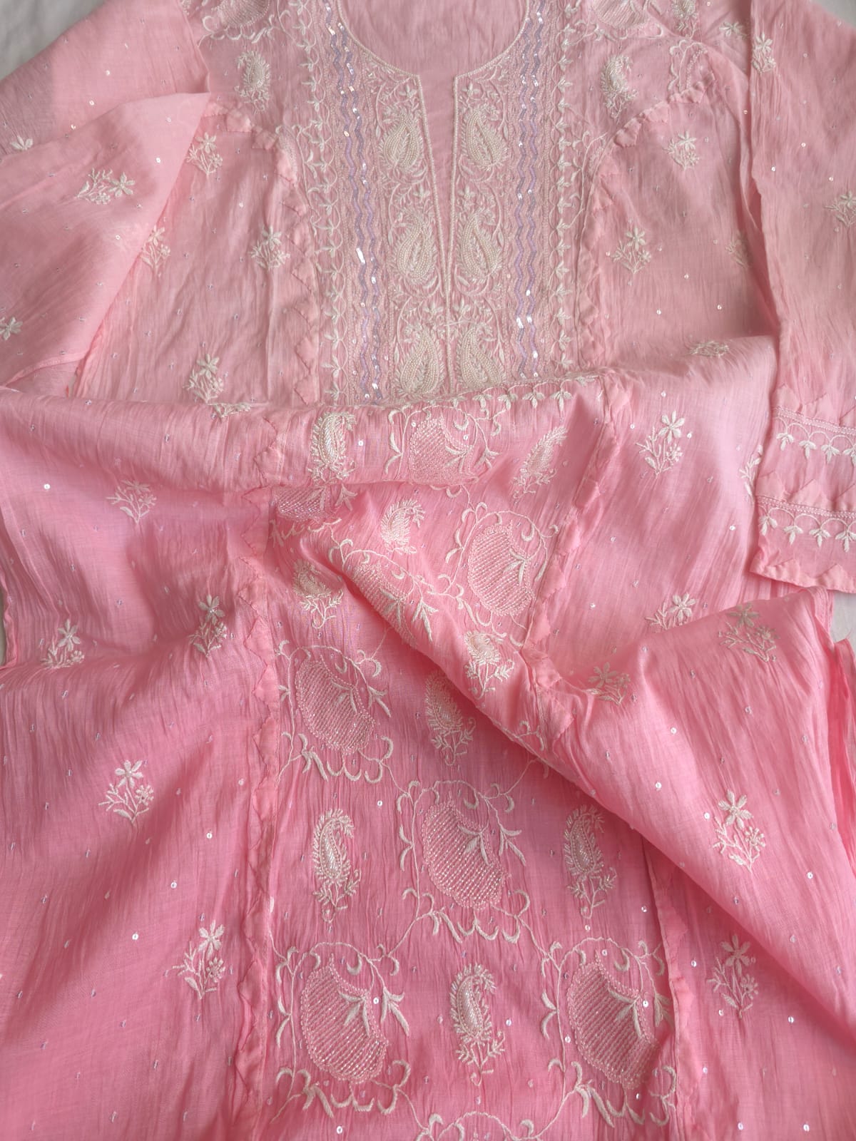 Pink Ombre dyed Semi Stitched Kurta and Dupatta set with Handwork and Highlights