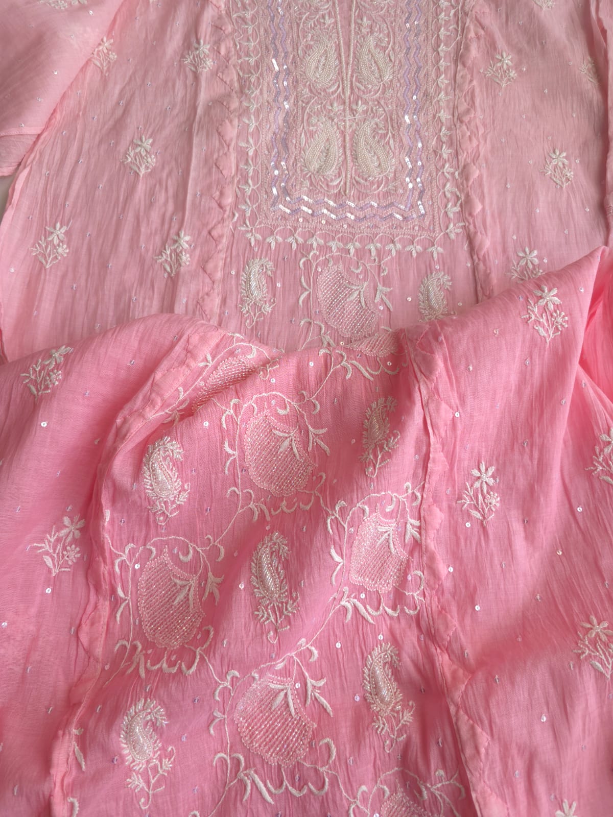 Pink Ombre dyed Semi Stitched Kurta and Dupatta set with Handwork and Highlights