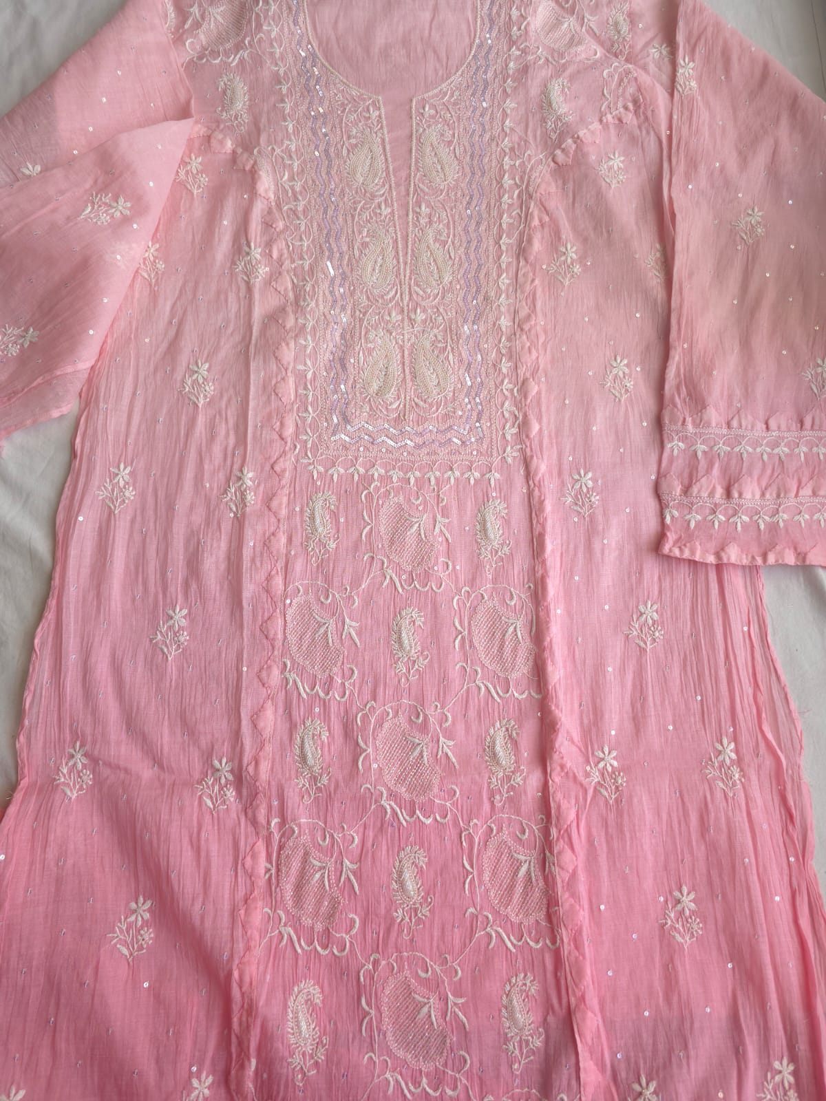 Pink Ombre dyed Semi Stitched Kurta and Dupatta set with Handwork and Highlights