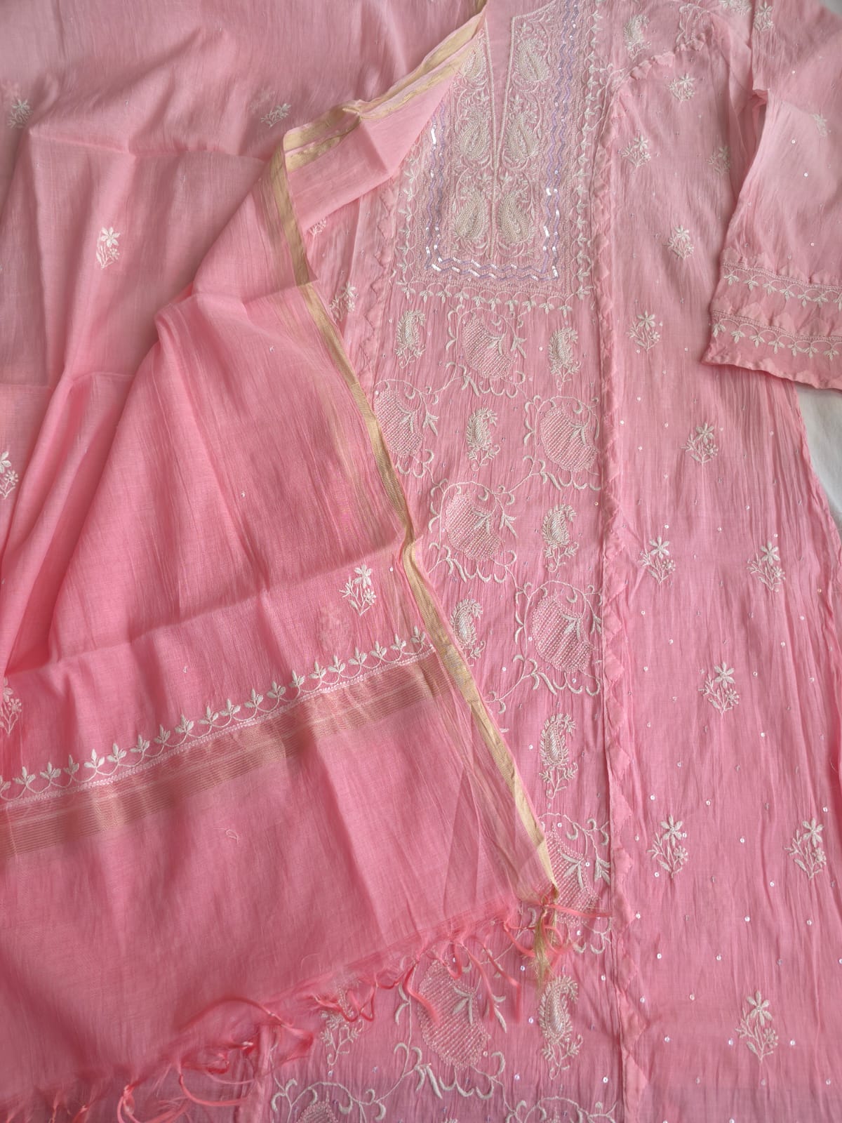 Pink Ombre dyed Semi Stitched Kurta and Dupatta set with Handwork and Highlights