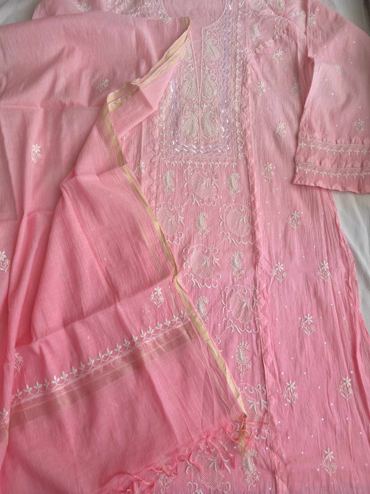 Pink Ombre dyed Semi Stitched Kurta and Dupatta set with Handwork and Highlights