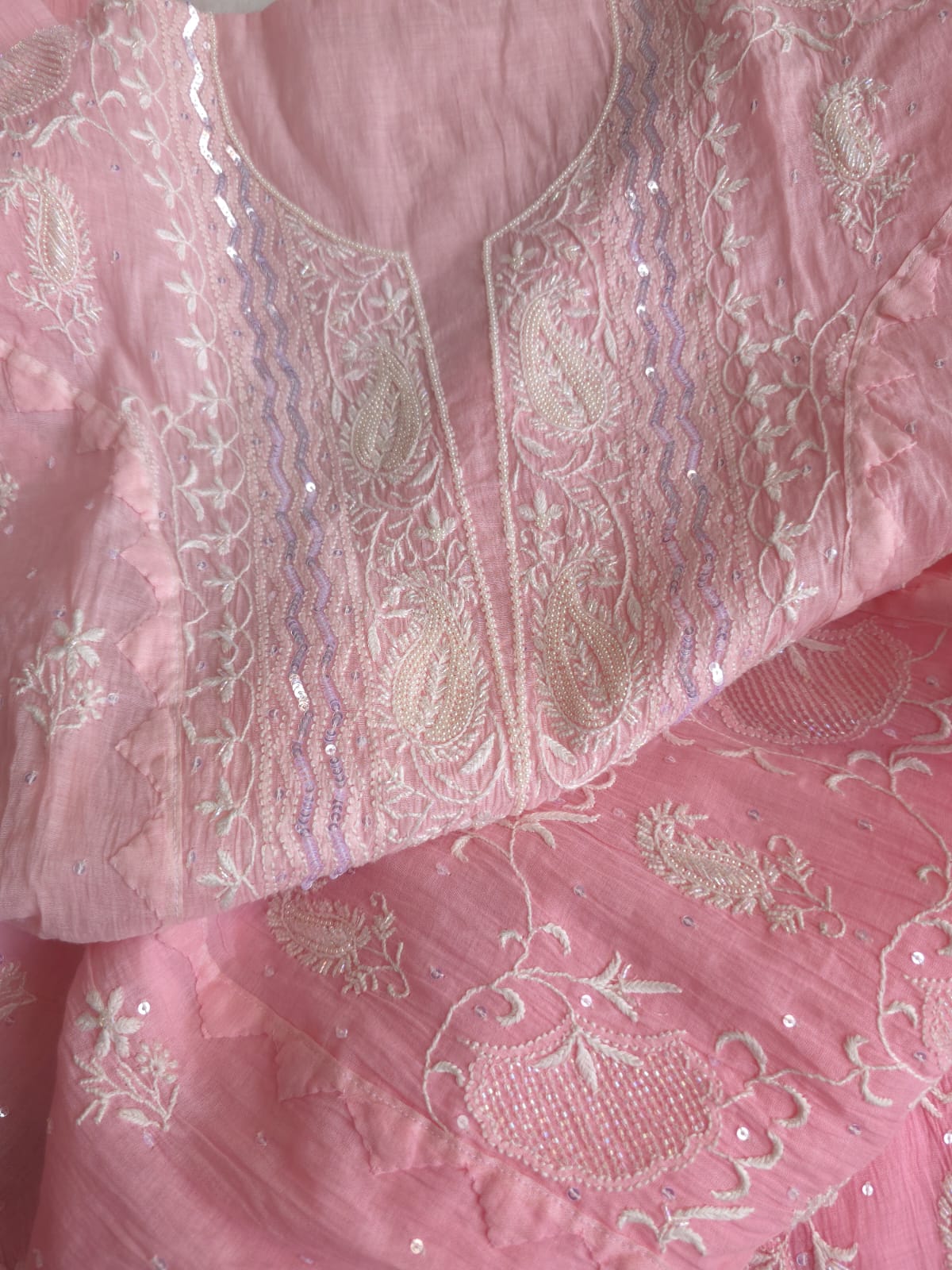 Pink Ombre dyed Semi Stitched Kurta and Dupatta set with Handwork and Highlights