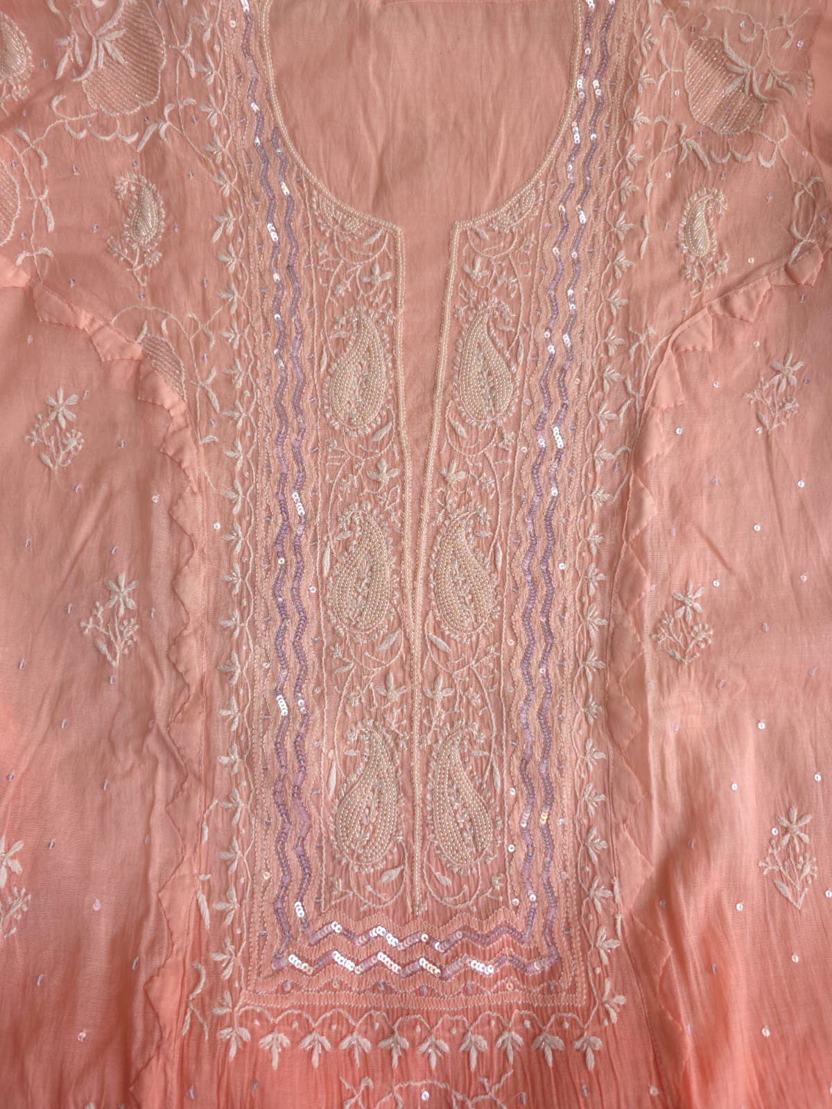 Peach Ombre Dyed Semi Stitched kurta and dupatta with handwork and Highlights