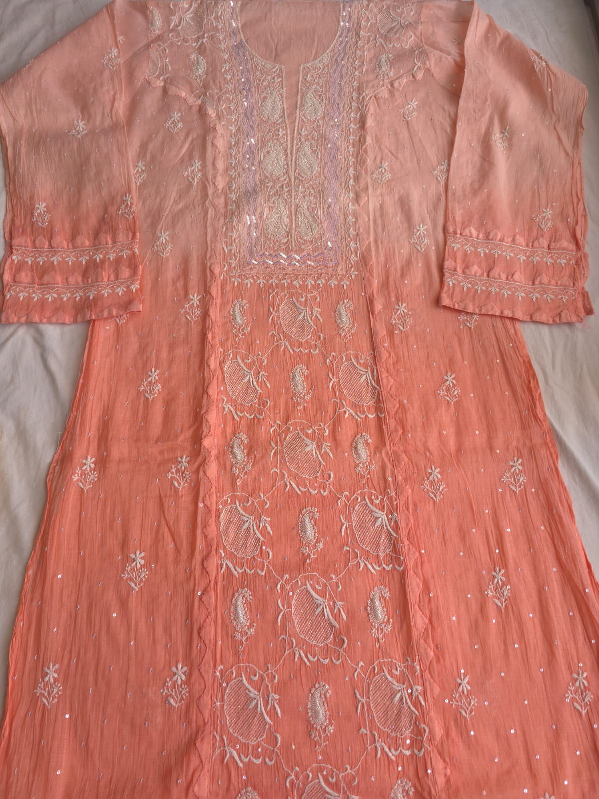 Peach Ombre Dyed Semi Stitched kurta and dupatta with handwork and Highlights