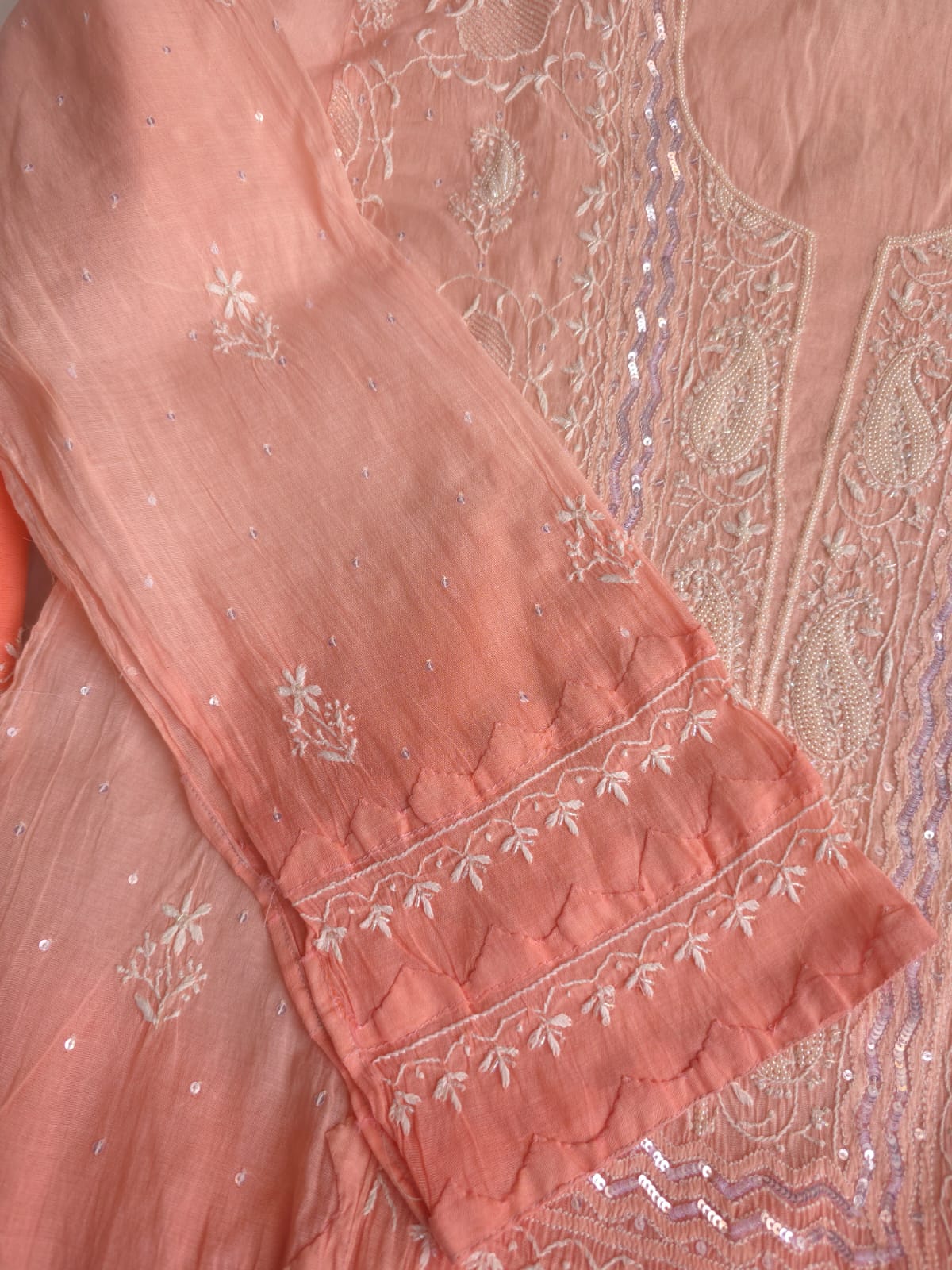 Peach Ombre Dyed Semi Stitched kurta and dupatta with handwork and Highlights