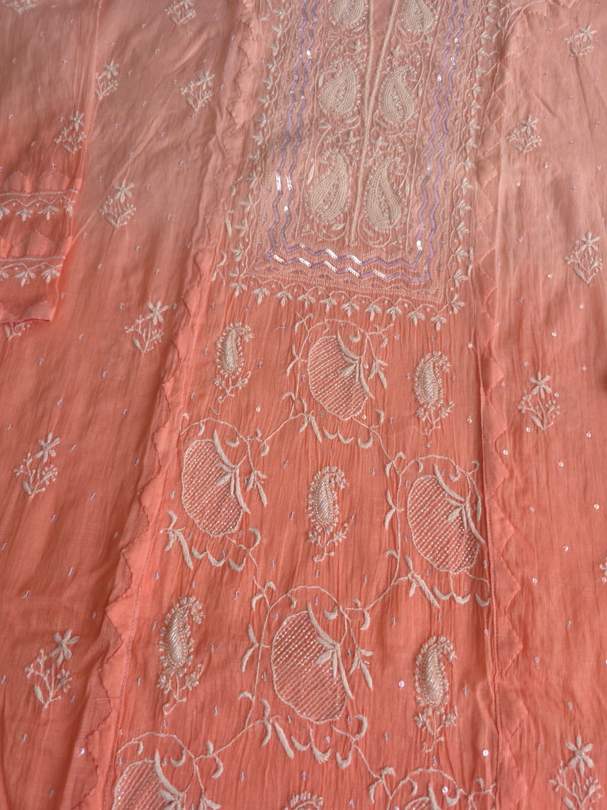 Peach Ombre Dyed Semi Stitched kurta and dupatta with handwork and Highlights