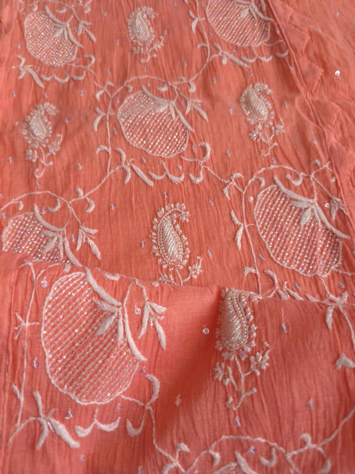 Peach Ombre Dyed Semi Stitched kurta and dupatta with handwork and Highlights