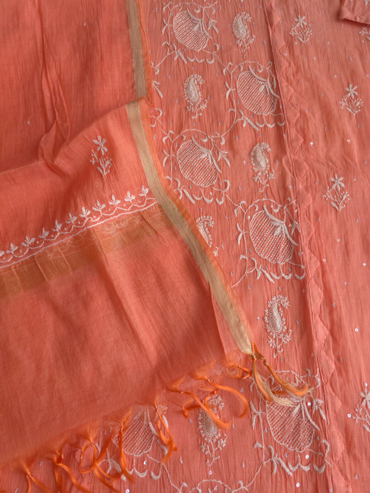 Peach Ombre Dyed Semi Stitched kurta and dupatta with handwork and Highlights