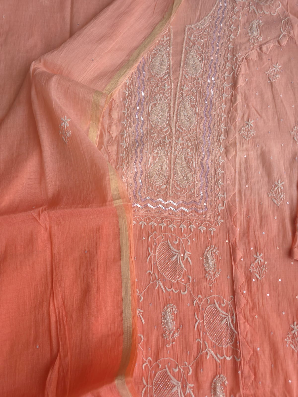 Peach Ombre Dyed Semi Stitched kurta and dupatta with handwork and Highlights