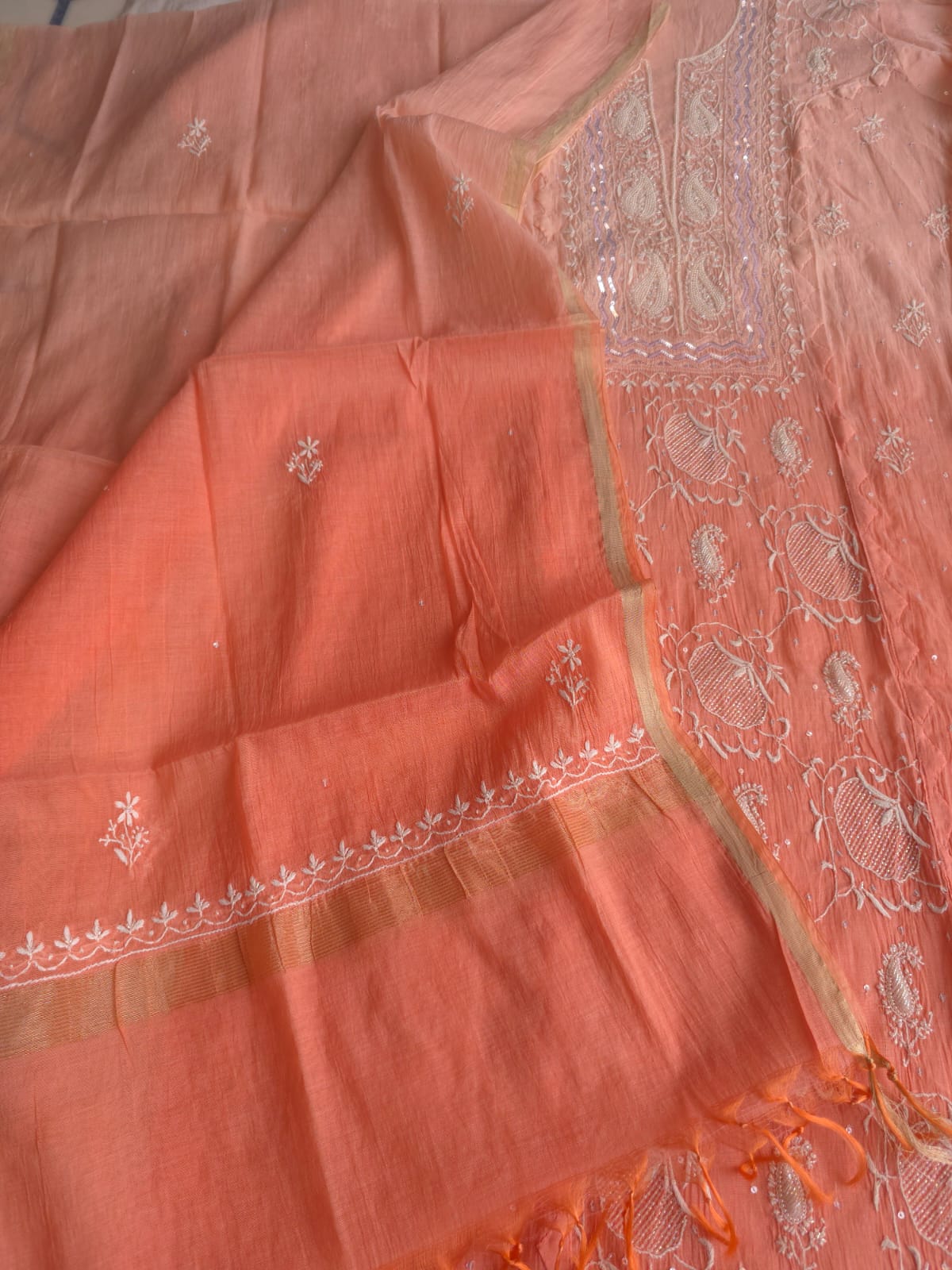 Peach Ombre Dyed Semi Stitched kurta and dupatta with handwork and Highlights