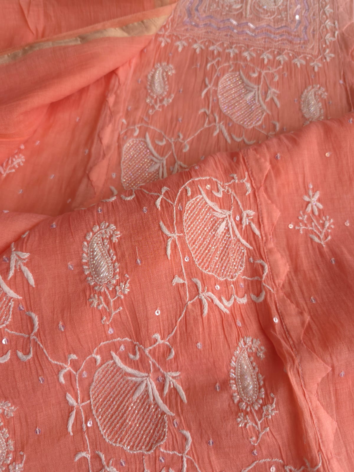 Peach Ombre Dyed Semi Stitched kurta and dupatta with handwork and Highlights