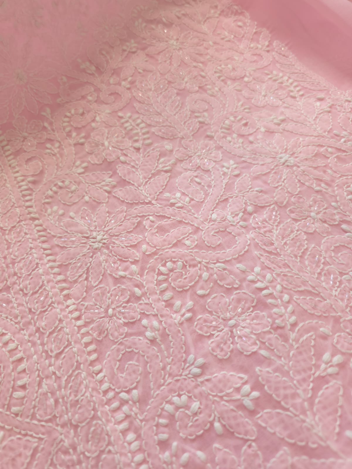 Pink Cotton full set with fine handwork and pearl cutdana