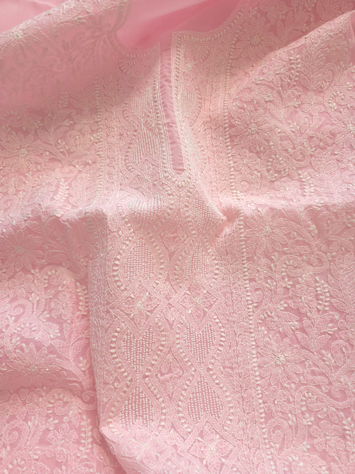 Pink Cotton full set with fine handwork and pearl cutdana