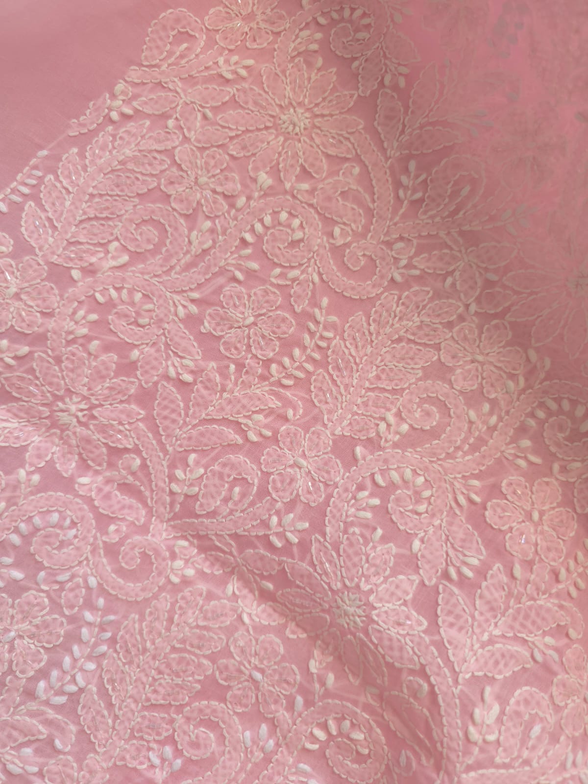 Pink Cotton full set with fine handwork and pearl cutdana