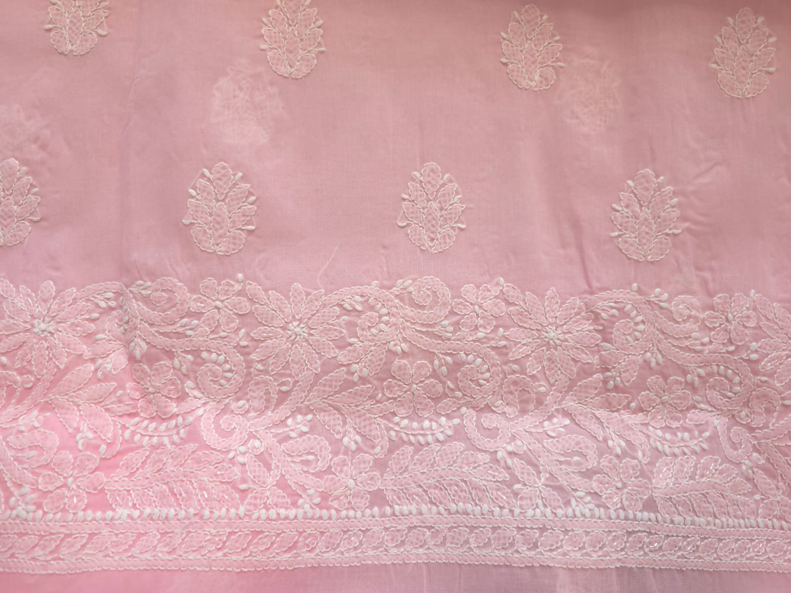 Pink Cotton full set with fine handwork and pearl cutdana