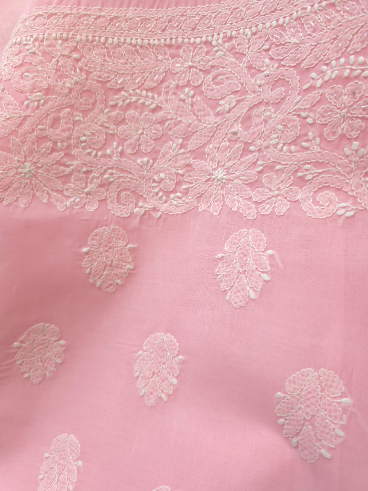 Pink Cotton full set with fine handwork and pearl cutdana