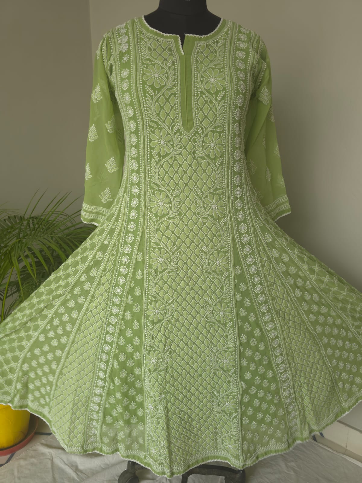 Green Georgette Stitched Full embroidered Anarkali Kalidar Kurta