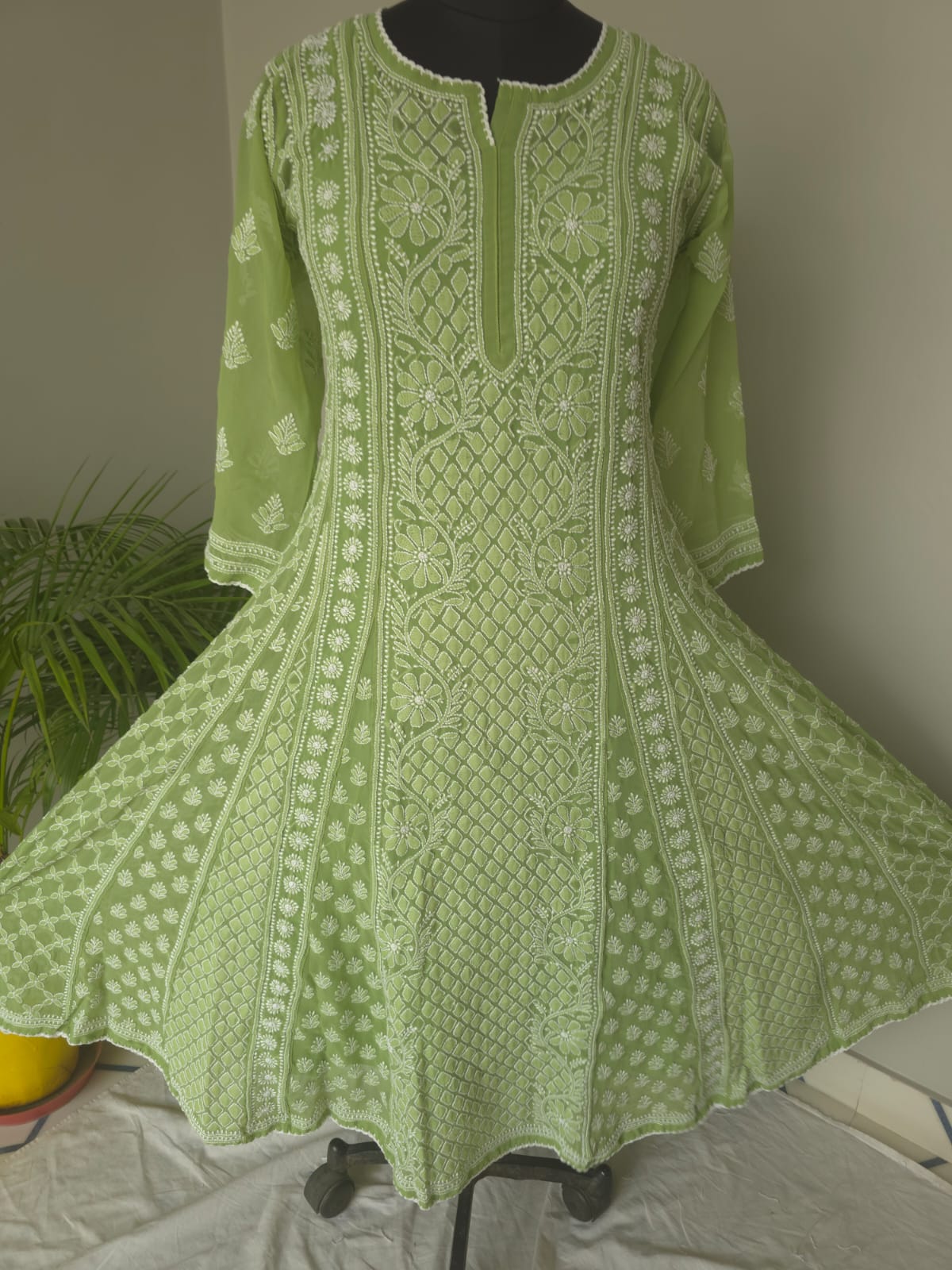 Green Georgette Stitched Full embroidered Anarkali Kalidar Kurta