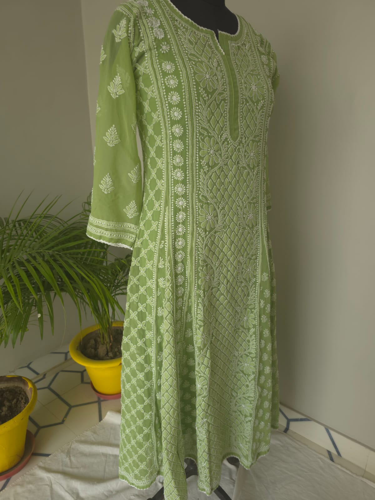 Green Georgette Stitched Full embroidered Anarkali Kalidar Kurta