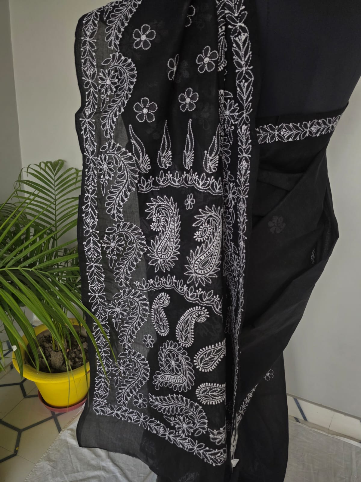 Black Cotton Saree with Beautiful White chikankari