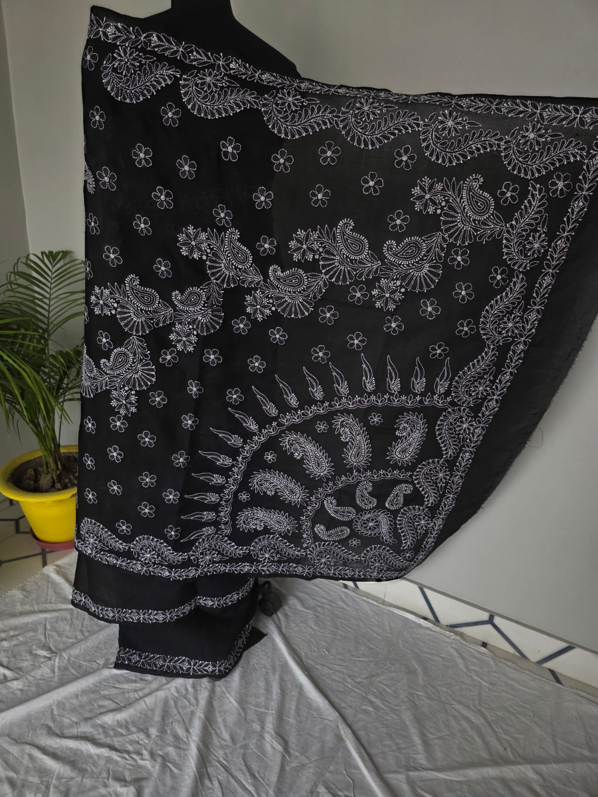 Black Cotton Saree with Beautiful White chikankari