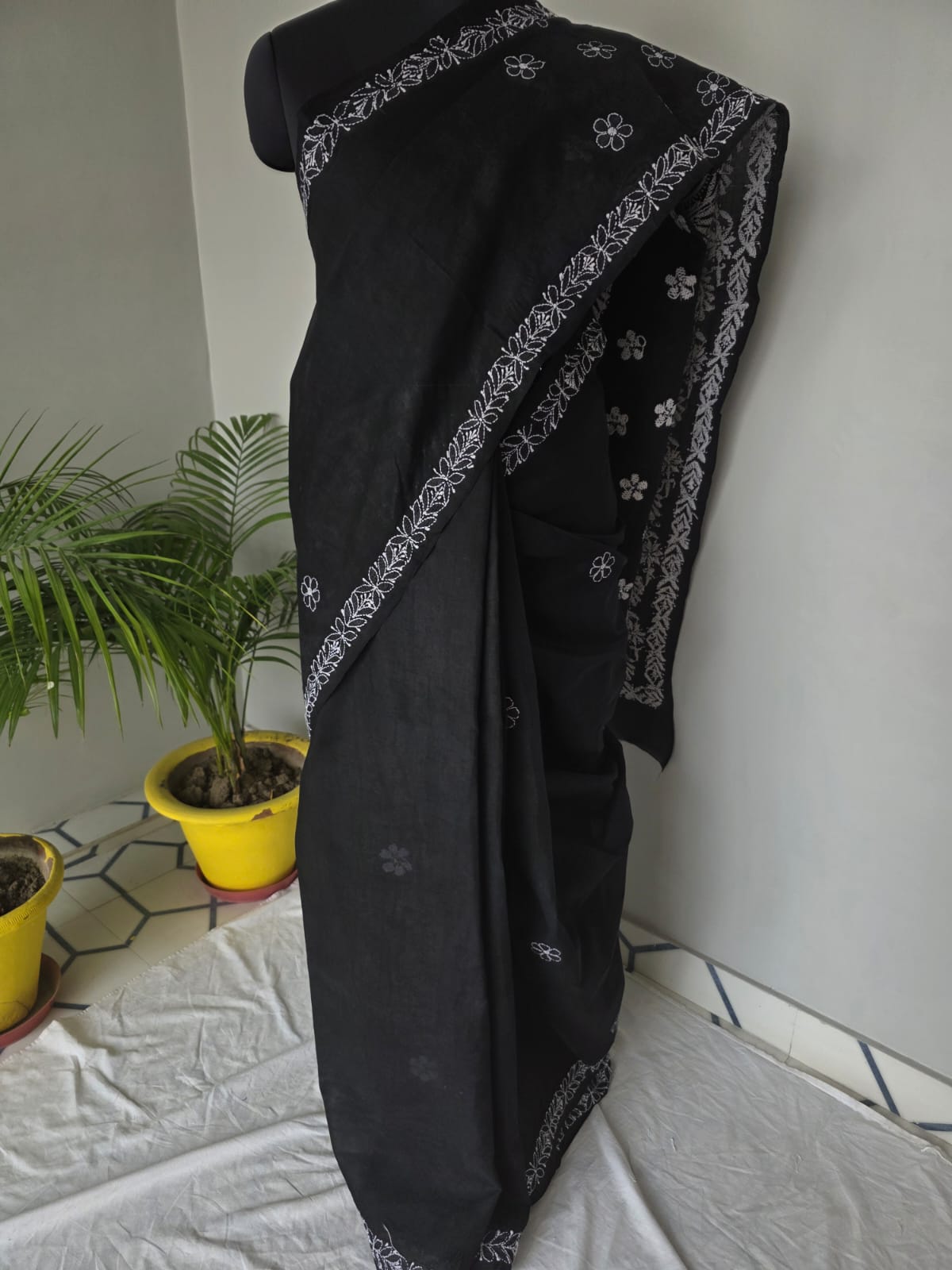 Black Cotton Saree with Beautiful White chikankari