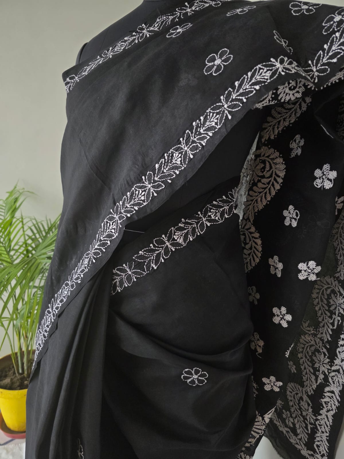 Black Cotton Saree with Beautiful White chikankari