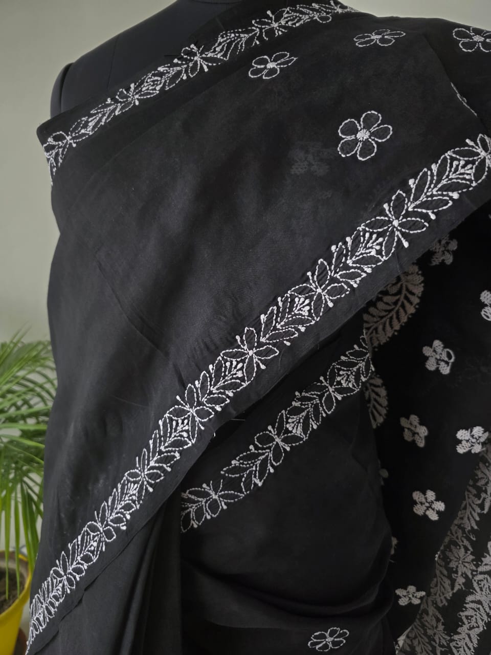 Black Cotton Saree with Beautiful White chikankari