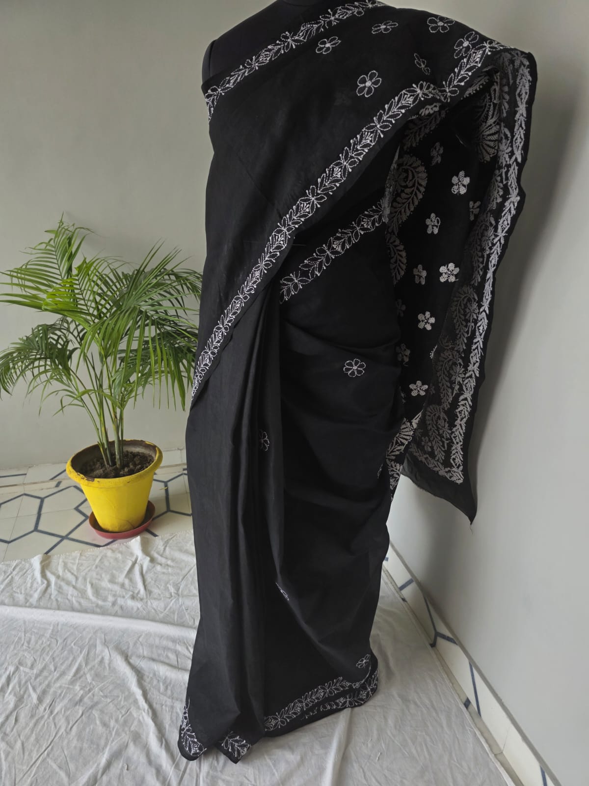 Black Cotton Saree with Beautiful White chikankari