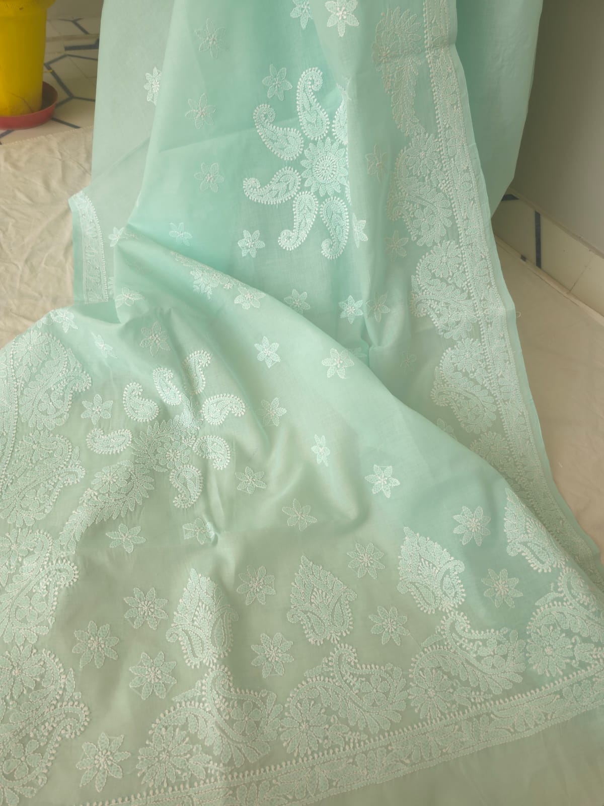 Sea Green Cotton Saree with Beautiful Chikankari