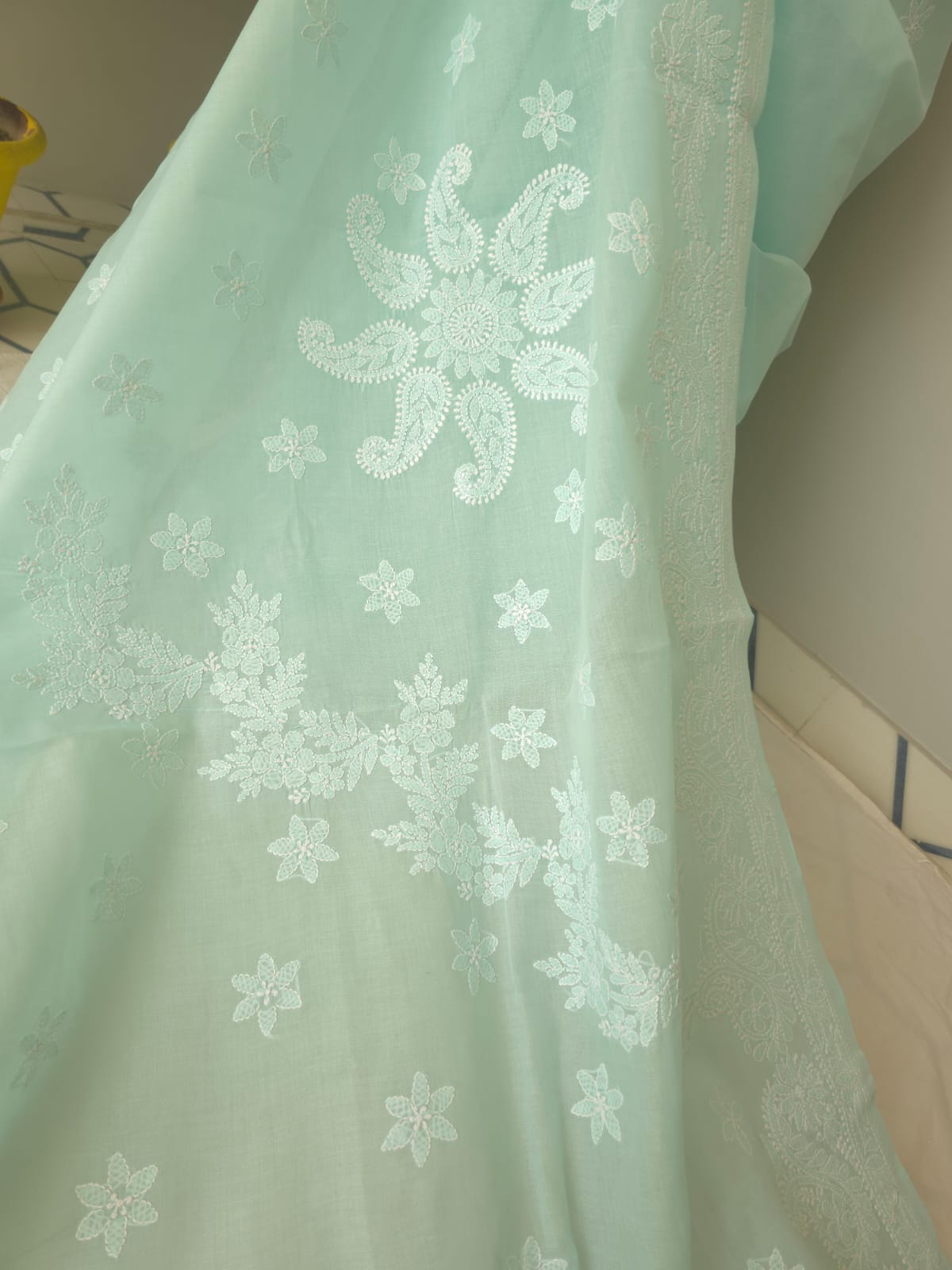 Sea Green Cotton Saree with Beautiful Chikankari
