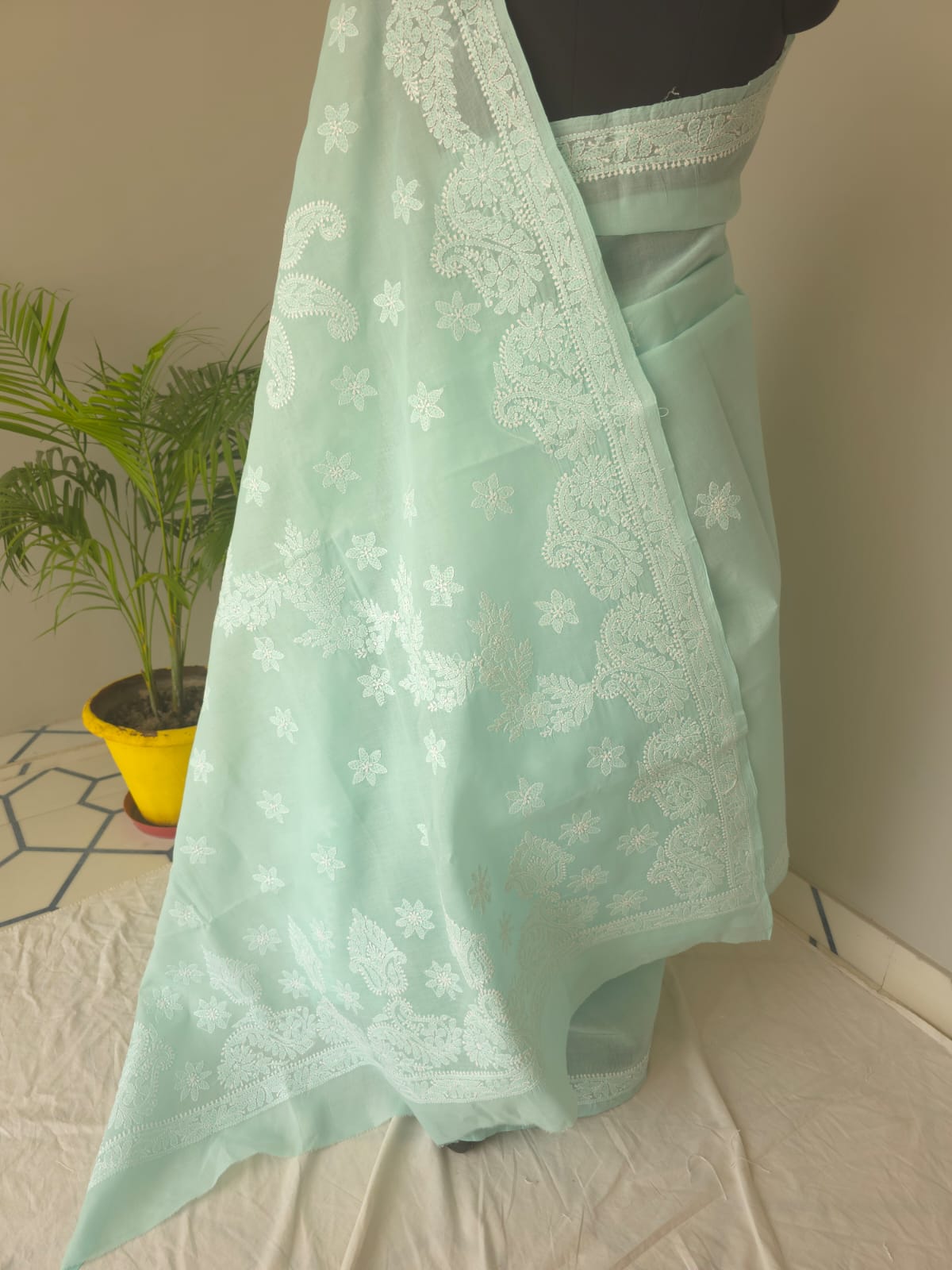 Sea Green Cotton Saree with Beautiful Chikankari