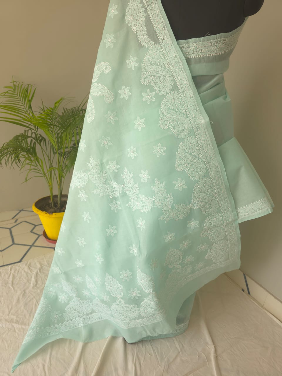 Sea Green Cotton Saree with Beautiful Chikankari