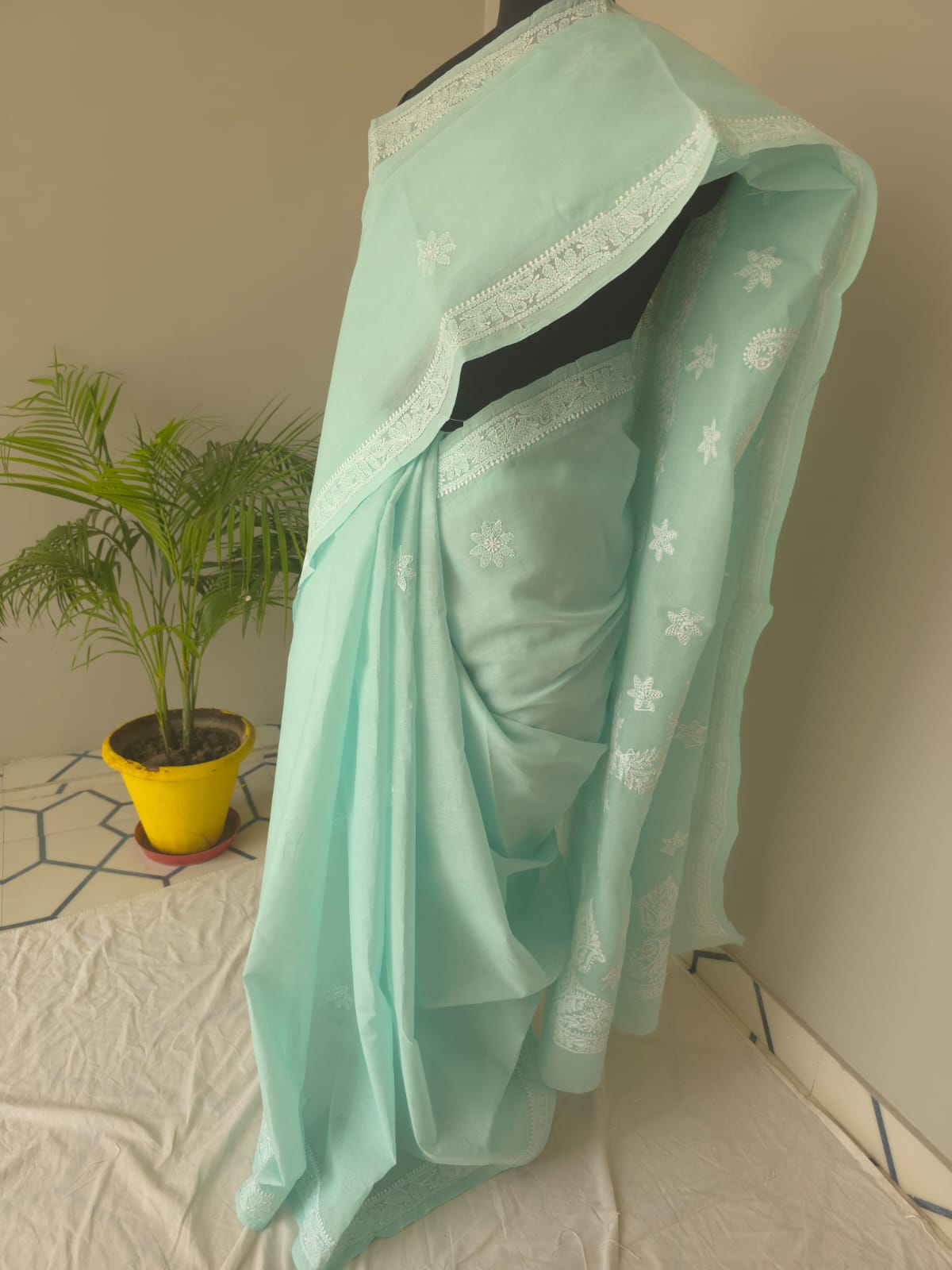 Sea Green Cotton Saree with Beautiful Chikankari