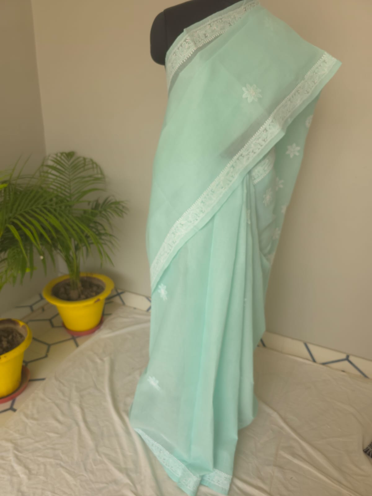 Sea Green Cotton Saree with Beautiful Chikankari