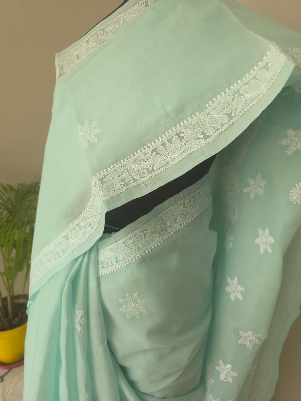 Sea Green Cotton Saree with Beautiful Chikankari