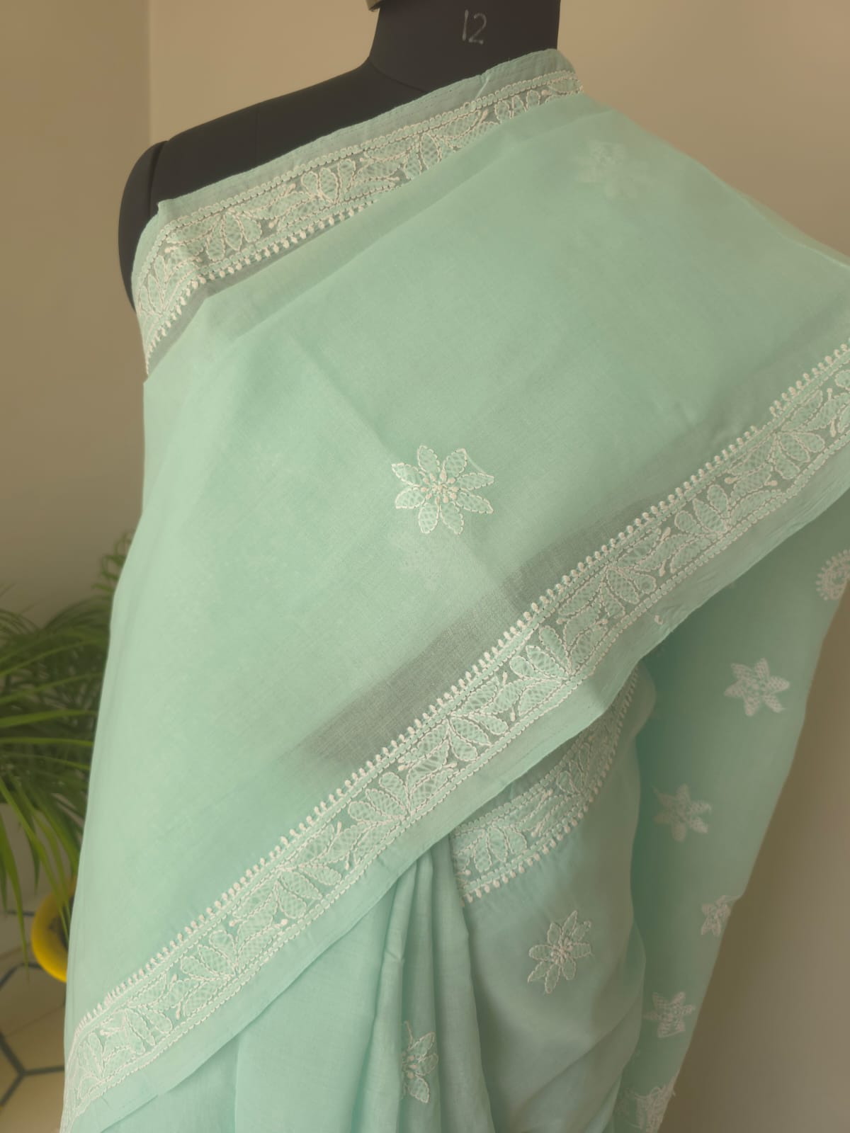Sea Green Cotton Saree with Beautiful Chikankari