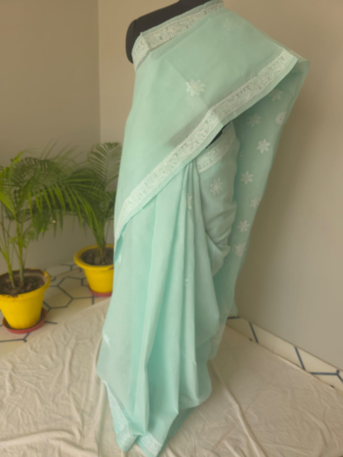 Sea Green Cotton Saree with Beautiful Chikankari