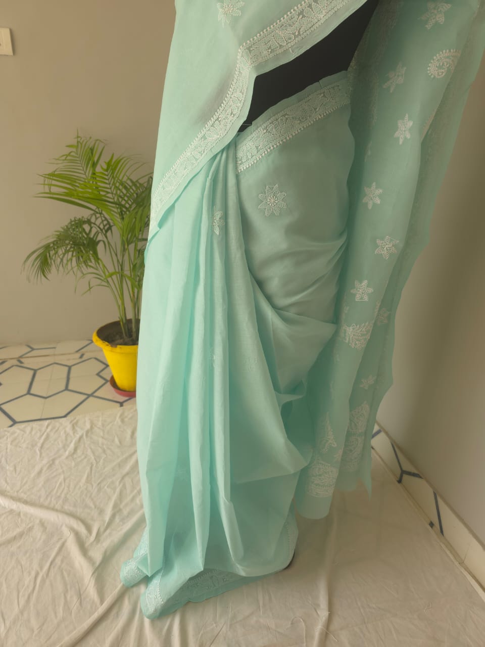 Sea Green Cotton Saree with Beautiful Chikankari