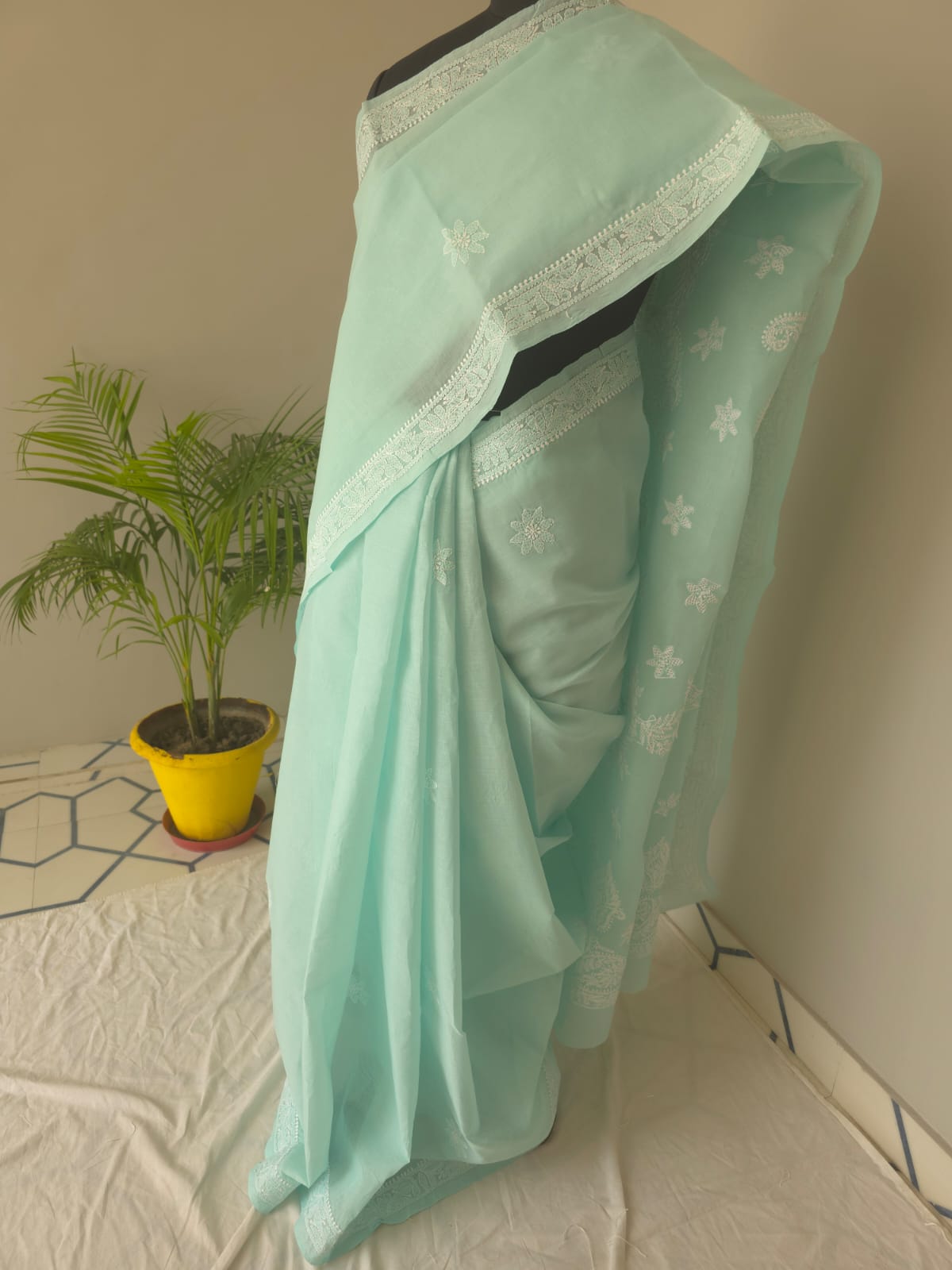 Sea Green Cotton Saree with Beautiful Chikankari