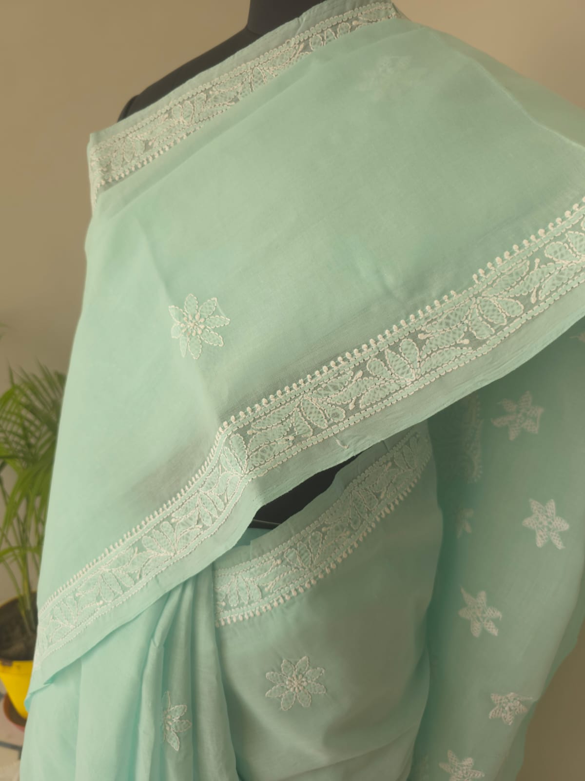 Sea Green Cotton Saree with Beautiful Chikankari