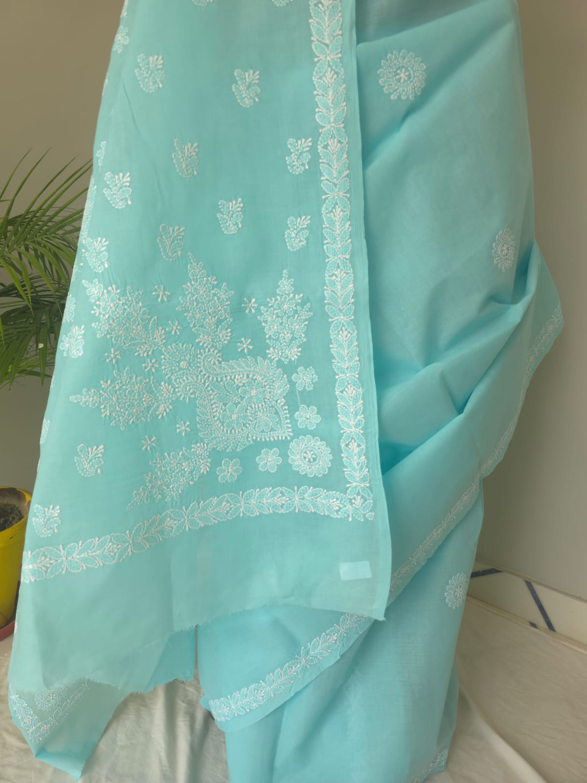 Sky Blue Cotton Saree with beautiful chikankari