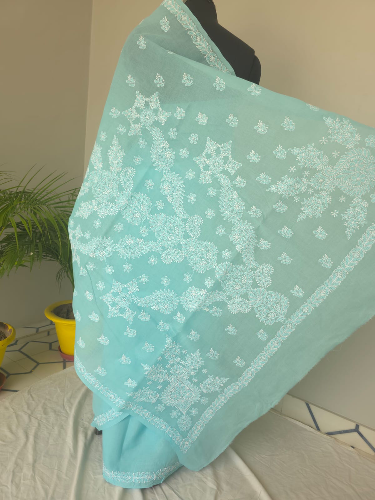 Sky Blue Cotton Saree with beautiful chikankari