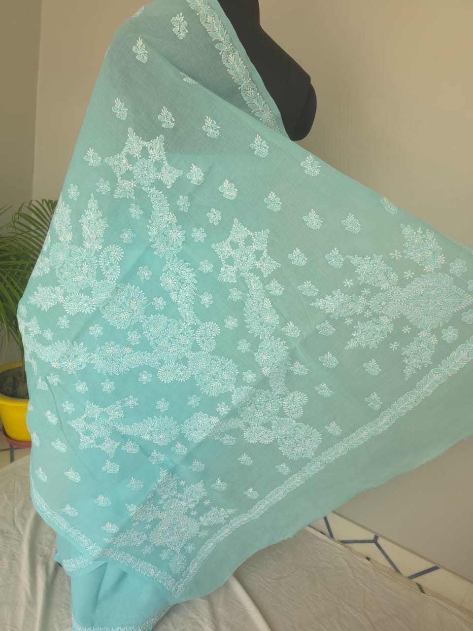 Sky Blue Cotton Saree with beautiful chikankari