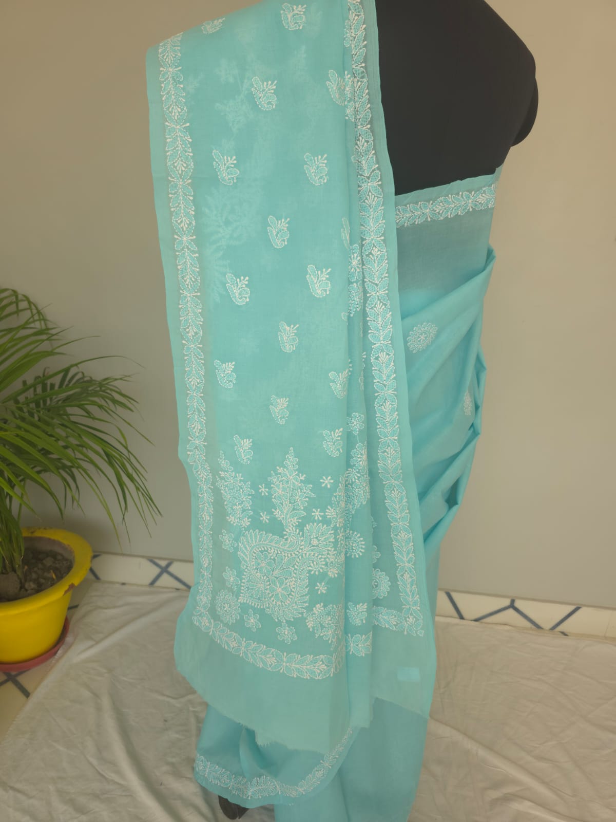 Sky Blue Cotton Saree with beautiful chikankari