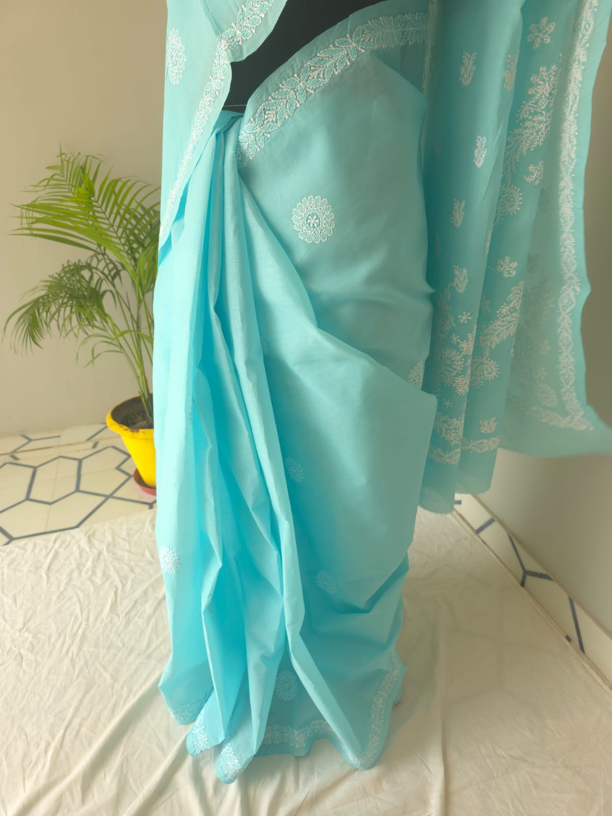 Sky Blue Cotton Saree with beautiful chikankari