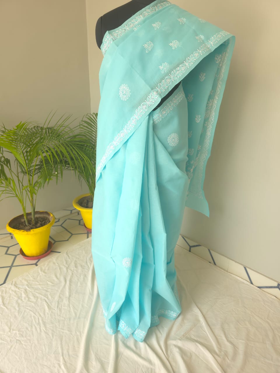 Sky Blue Cotton Saree with beautiful chikankari