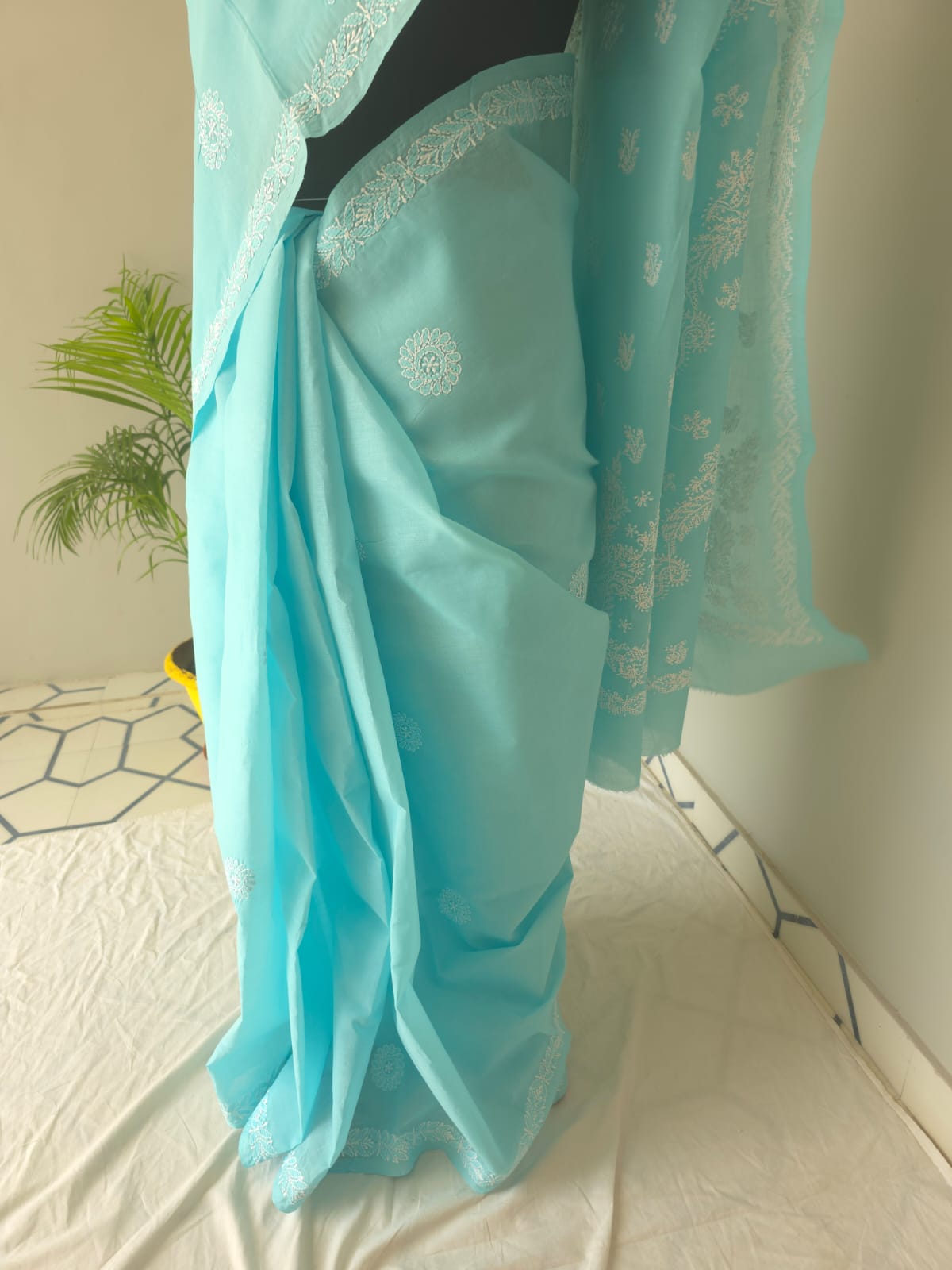 Sky Blue Cotton Saree with beautiful chikankari