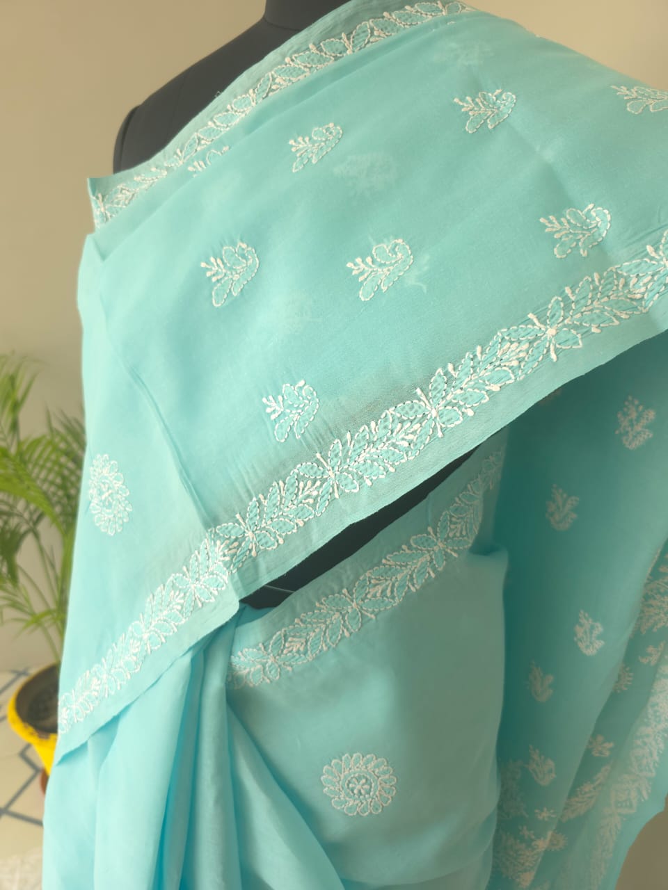 Sky Blue Cotton Saree with beautiful chikankari